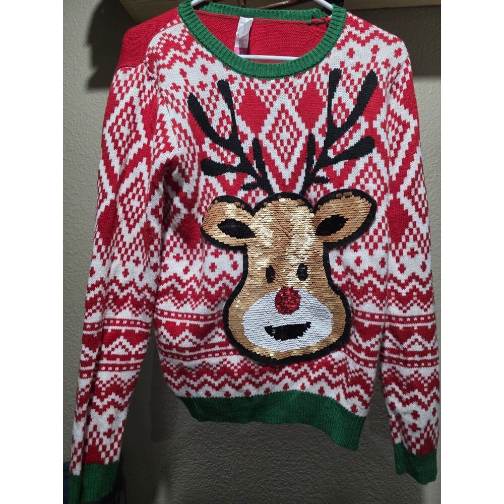 NO BOUNDARIES christmas sweater Sequin Reindeer CHRISTMAS size Large
